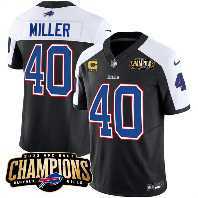 Men's Buffalo Bills #40 Von Miller Black/White 2023 F.U.S.E. AFC East Champions With 4-star C Ptach Football Stitched Jersey